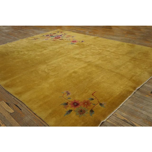 1920s Yellow Gold Open Field Floral Antique Chinese Art Deco Carpet 9' X 11' 4'' Knotted Wool Rug For Sale - Image 9 of 9