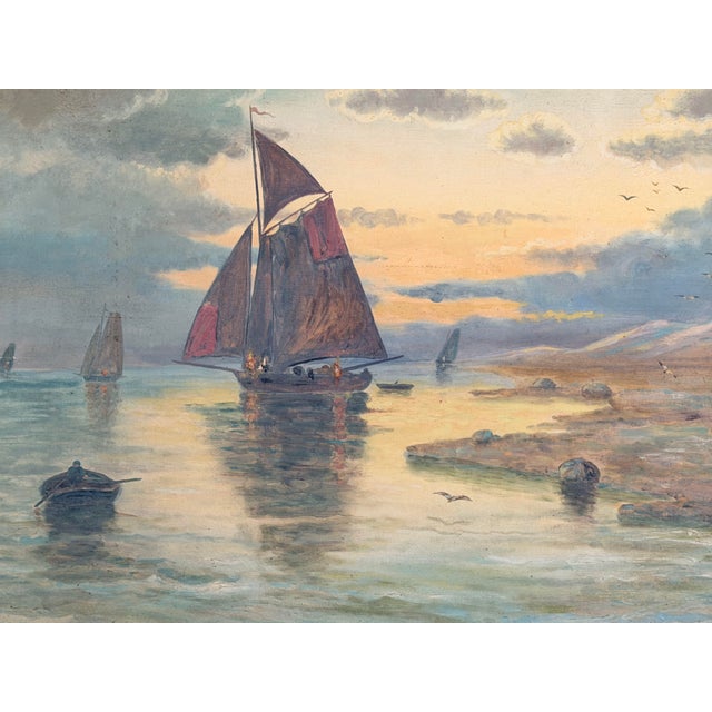 Signed 1920 Antique Maritime Sailboat Oil Painting in Ornate Painted Frame For Sale - Image 12 of 18