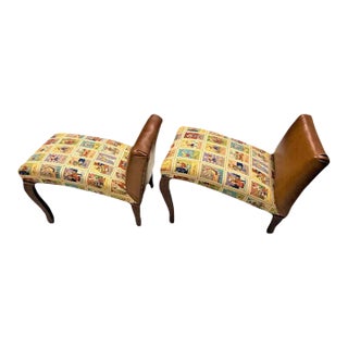 Mexican Loteria Fabric and New Leather Upholstery on Antique Footstools - a Pair For Sale