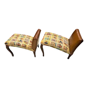 Mexican Loteria Fabric and New Leather Upholstery on Antique Footstools - a Pair