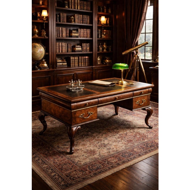 Late 20th Century Queen Anne Style Burl Wood Executive Desk With Tooled Leather Writing Surface For Sale In Los Angeles - Image 6 of 9