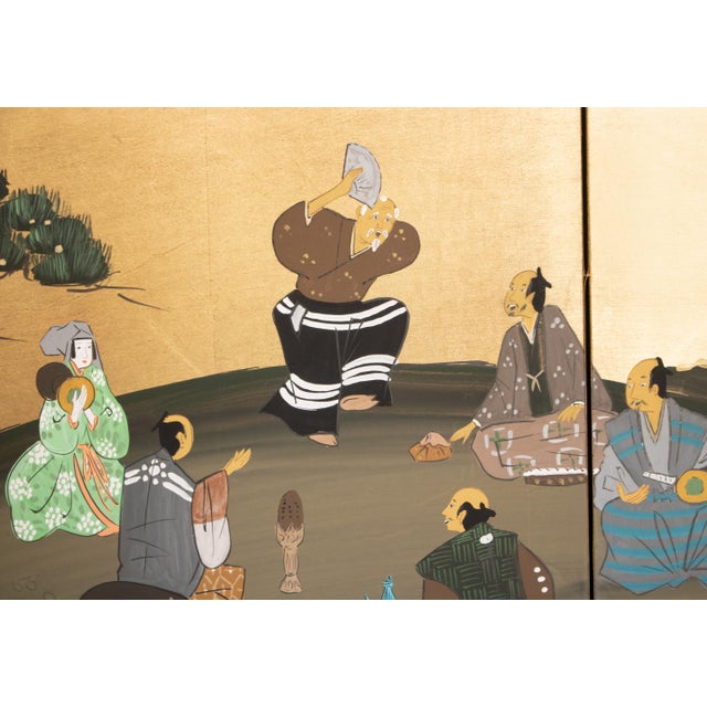 Japanese 1960s Shōwa Era Japanese Byobu Screen "Autumn Festival Scene by the Bridge" For Sale - Image 3 of 17