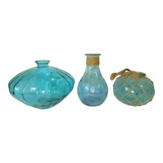 Large Vintage Decorative Ornate Shaped Blue Glass Vases W/ Rafia & Natural Rope - Set of 3 For Sale