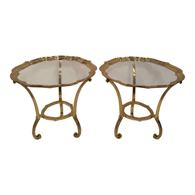 Hollywood Regency Brass & Glass Scalloped Side Tables -a Pair For Sale