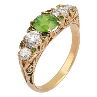 Late 19th Century Victorian Demantoid Garnet Old European Cut Diamond 14k Yellow Gold Ring, Size 7.25 For Sale