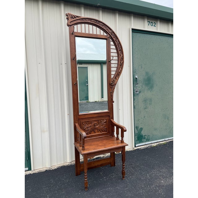 Antique Edwardian American Tiger Oak Mirrored Hall Tree Seat With Carved Motifs For Sale - Image 10 of 12