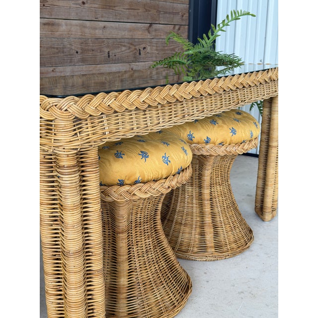 Tan Vintage Coastal Handwoven Manila Rattan Console Table With Matching Ottomans-Set of Three For Sale - Image 8 of 12