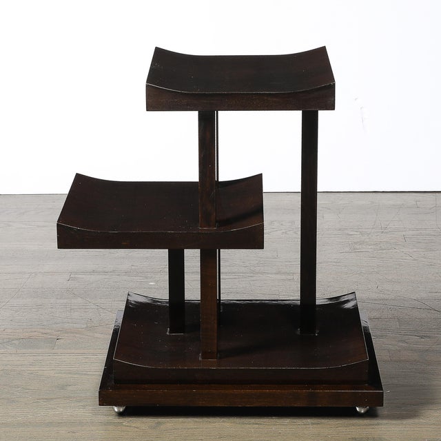 Art Deco Rectilinear Swooping Three Tier Walnut Offset Side Table W/ Plinth Base For Sale In New York - Image 6 of 15