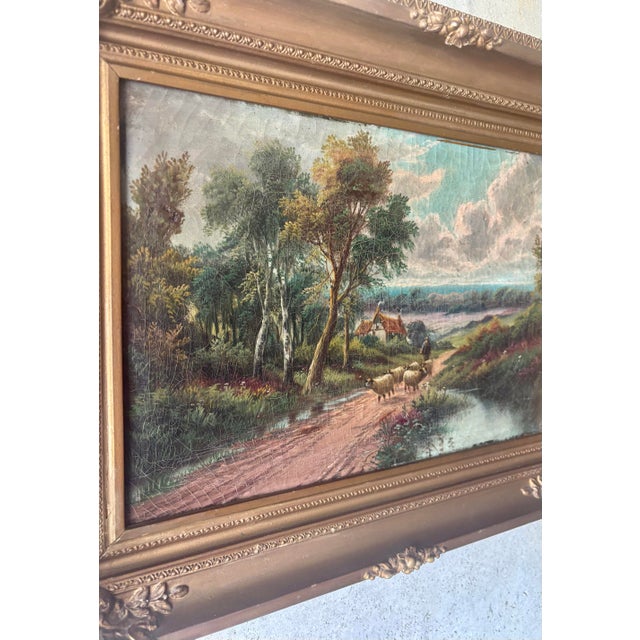 Antique British Countryside Oil Painting in the Manner of E. Horton, Gilt Frame For Sale In Miami - Image 6 of 9