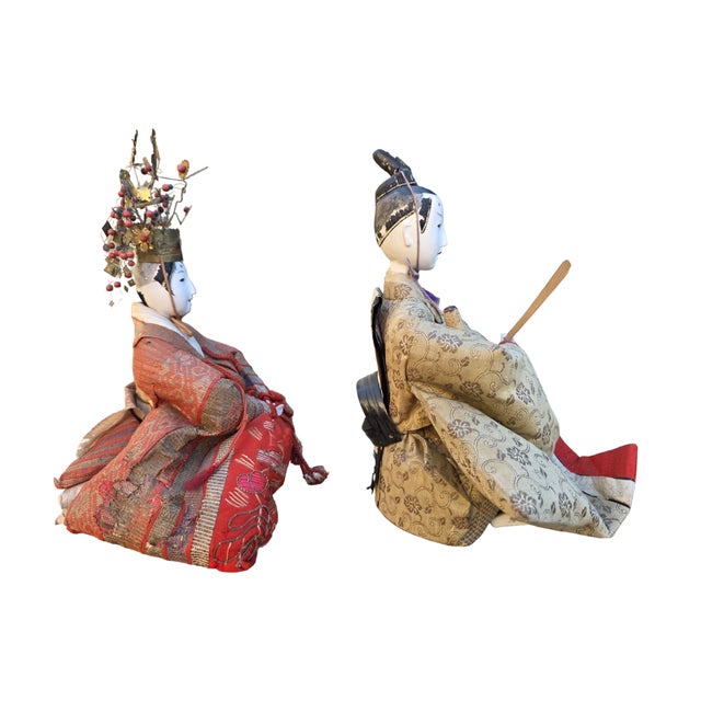 Antique Japanese Meiji Period Hina Emperor & Empress Gofun Dolls – Imperial Pair, 13–14 Inches For Sale - Image 4 of 9