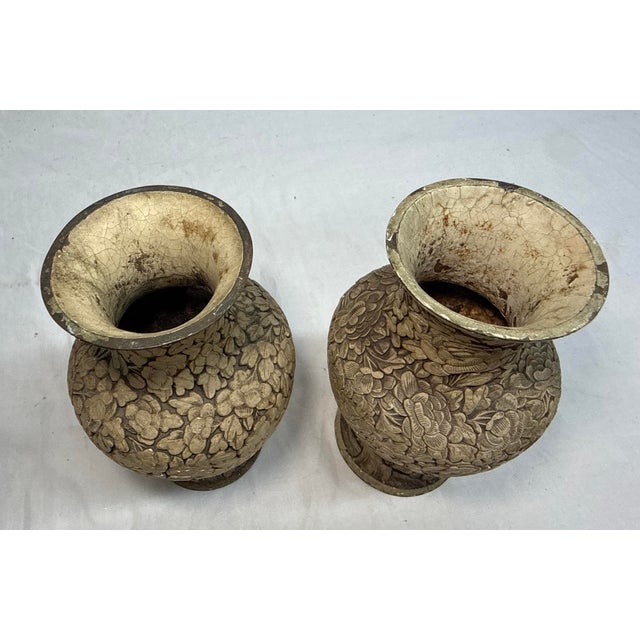 Pair of Antique Handmade Chinese Carved White Lacquer Cinnabar Floral Vase Urn For Sale - Image 10 of 12