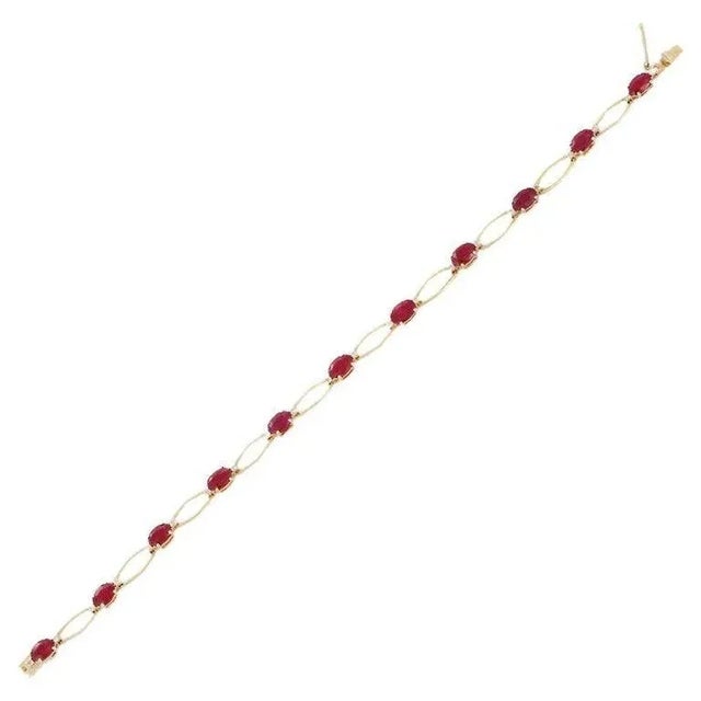 Gold 1920s Style Deep Red Ruby Tennis Bracelet With Diamonds in 14kt Yellow Gold For Sale - Image 8 of 15