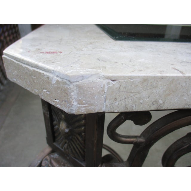 Vintage French Ornate Iron With Marble and Glass Top Console Table For Sale - Image 14 of 18