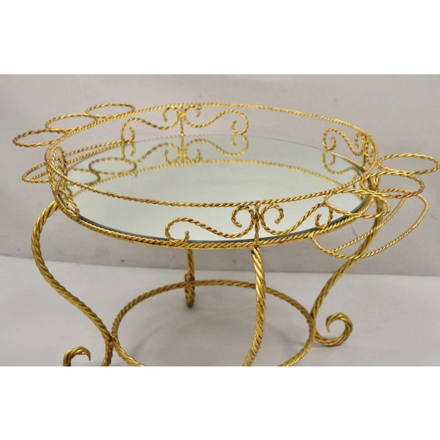 Vintage Italian Hollywood Regency Iron Gold Rope Round Mirror Top Coffee Table For Sale - Image 4 of 10
