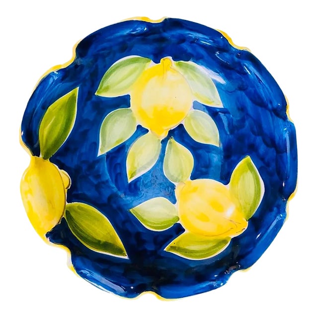 Italian Ceramiche Hand Painted Serving Bowl Blue & Yellow Lemon Design Sign For Sale