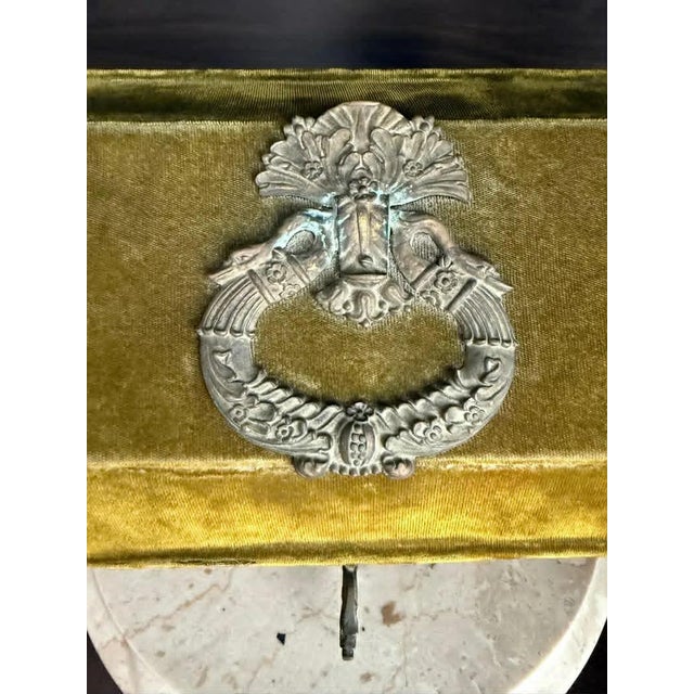 Antique Victorian Jewelry Box “Boudoir” or Sewing Box in Mustard/ Golden/ Green Velvet, Inside Blue Silk From the Early 20th Century For Sale - Image 9 of 10