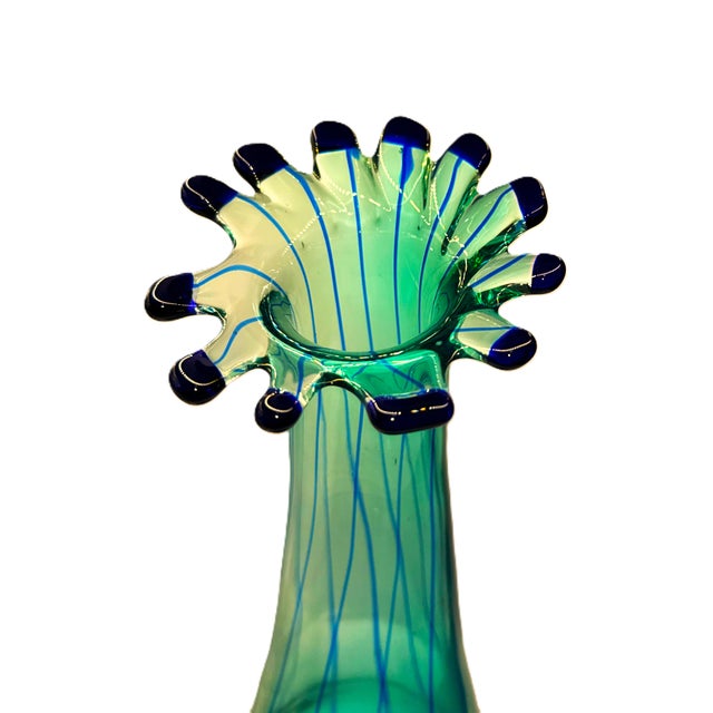 Late 20th Century Aqua & Cobalt Art Glass Ruffled Rim Vase For Sale - Image 5 of 8