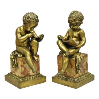 Antique French Louis XV Bronze Putti Children "Arts & Literature" Figures - Pair For Sale
