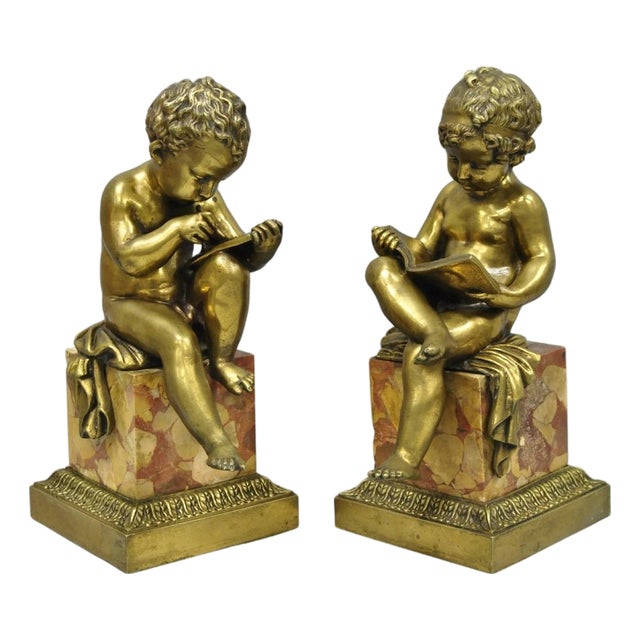 Antique French Louis XV Bronze Putti Children "Arts & Literature" Figures - Pair For Sale