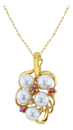 Freshwater Pearl Grape Cluster Necklace with Ruby Accents 14k Yellow Gold 16"