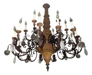 French Provincial Rock Crystal, Wrought Iron & Wood Chandelier. 1940's.