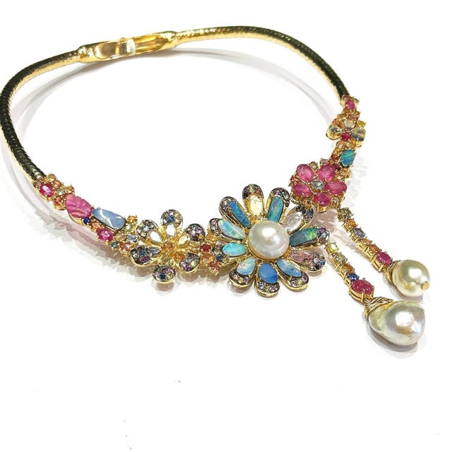Bochic "Orient" Opal, Multi Sapphires & Rubies Necklace Set In 18K Gold & Silver For Sale - Image 6 of 7
