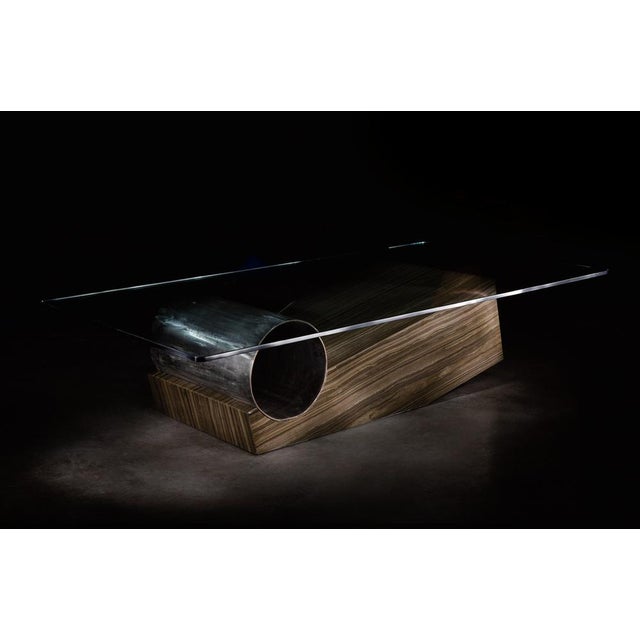 Medes Coffee Table in Wenge Sandstone and Sanded Iron Circle with Glass Top by Joaquín Moll For Sale - Image 4 of 9