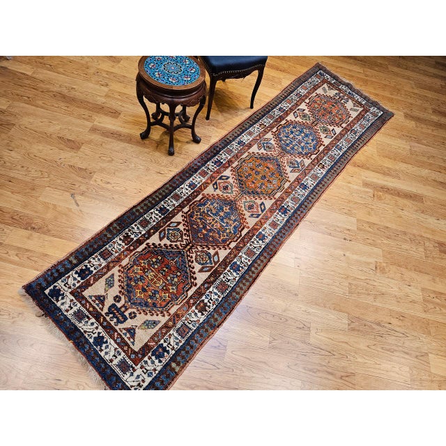 Vintage Serab Runner, Hand-Knotted Wool, Geometric Medallion Pattern, Ivory & Blue, 3x11 For Sale - Image 13 of 14