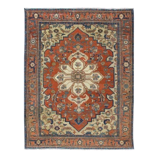 Antique Persian Serapi Rug in Geometric Medallion Design With Orange & Blue 8'2 X 11'3 For Sale