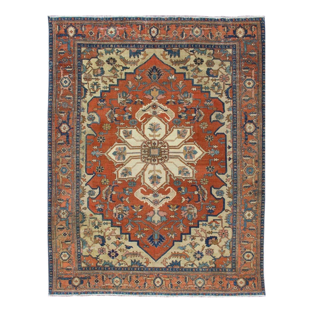 Antique Persian Serapi Rug in Geometric Medallion Design With Orange & Blue 8'2 X 11'3 For Sale