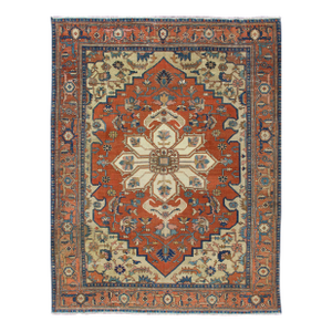 Antique Persian Serapi Rug in Geometric Medallion Design With Orange & Blue 8'2 X 11'3