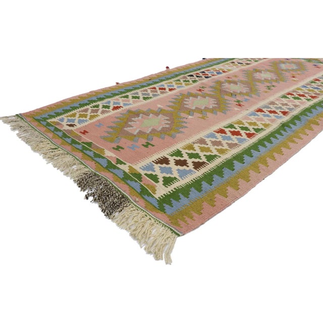 Vintage Persian Shiraz Kilim Rug with Boho Chic Tribal Style 03'05 x 06'04. Full of tiny details and a bold expressive...