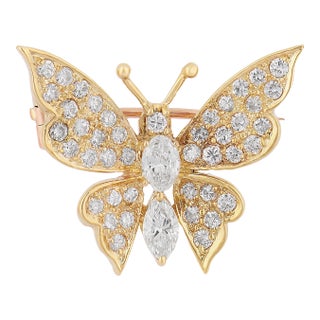 Vintage Diamond 14k Yellow Gold Butterfly Brooch For Sale