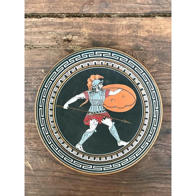 Mid-Century Modern Vintage Painted Metal Plate With Greek Warrior For Sale - Image 3 of 12