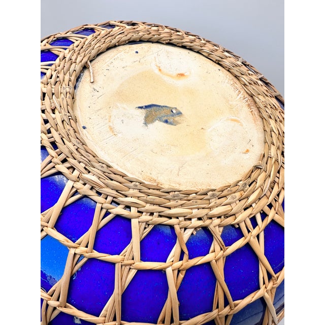 Blue Vintage Seagrass Rattan Wrapped Cobalt Ceramic 12" Pottery For Sale - Image 8 of 8