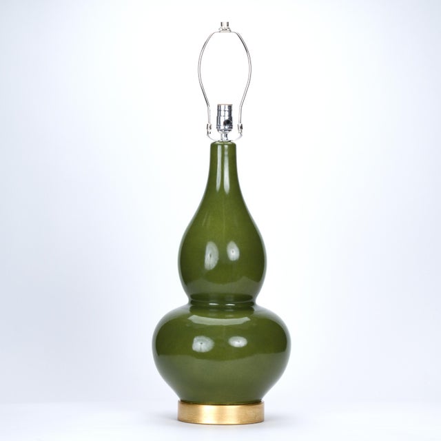 Traditional Casa Cosima Double Gourd Table Lamp, Olive Craquelure/Blue Stream Shade For Sale - Image 3 of 7