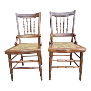 Pair of Victorian Walnut Carved and Spindle Cane Seat Side Chairs