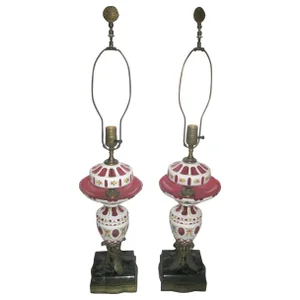 White & Cranberry Glass Bohemian Lamps - a Pair