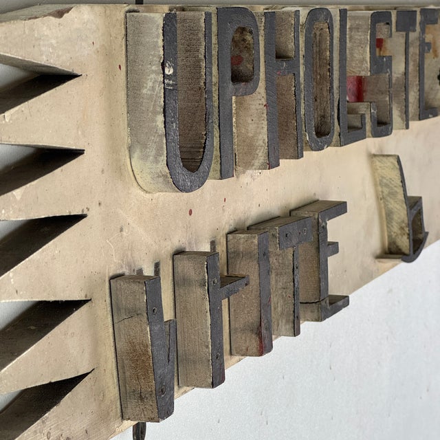 Antique Folk Art Trade Sign Advertising "Upholstering" in Raised Letters, Sawtooth Details & Rocking Chair For Sale In New York - Image 6 of 11