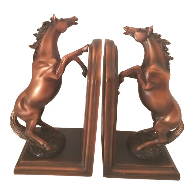 Vintage 1980s Bronzed Equine Bookends W/ Walnut Base - Set of 2 For Sale