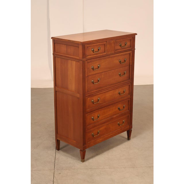 High Quality American Made Vintage Fruitwood Tall Dresser with Dovetailed Drawers and Brass Hardware
