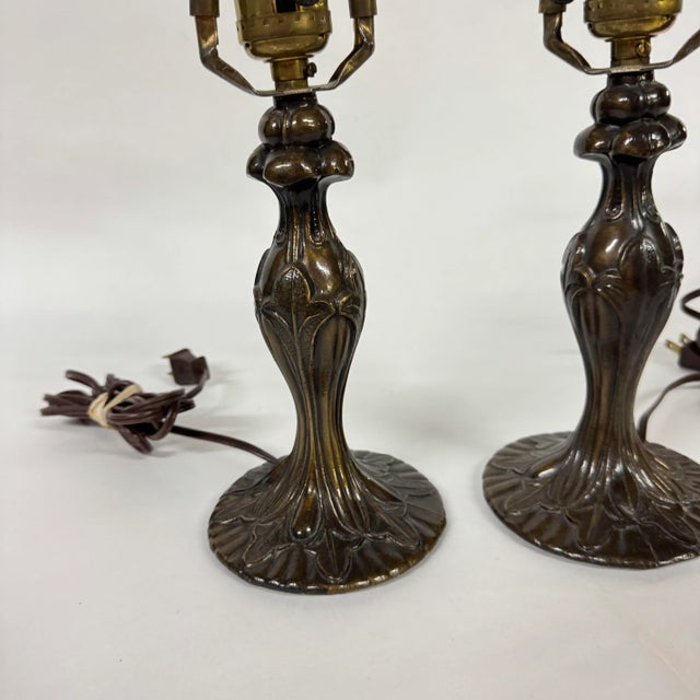 Petite Art Nouveau Style Bronze Finish Table Lamps- A Pair For Sale - Image 4 of 12