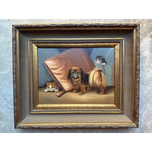 Textile Antique French Oil on Canvas Pekingese Dog With Two Kittens in Gilt Frame Signed Montes For Sale - Image 7 of 10