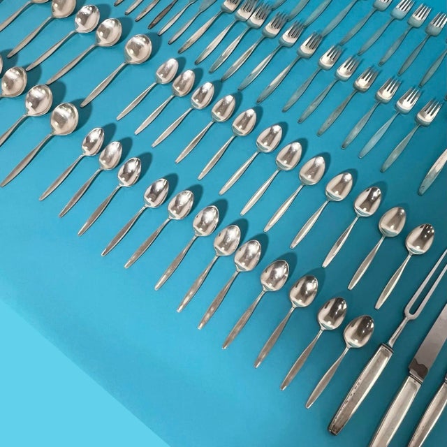 1950s Circa 1950s Georg Jensen Sterling Silver "Cypress" Flatware, Service for Twelve- 93 Pieces For Sale - Image 5 of 10