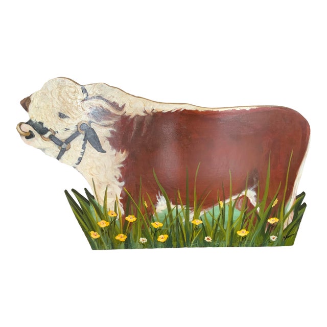 1980s Mrs. O’Leary’s Cow Oil Painting of Cow on Wood in Pasture For Sale