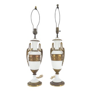 Pair of Fine Ceramic & Ormolu Cup Vase Shape Table Lamp c1940s MINT For Sale