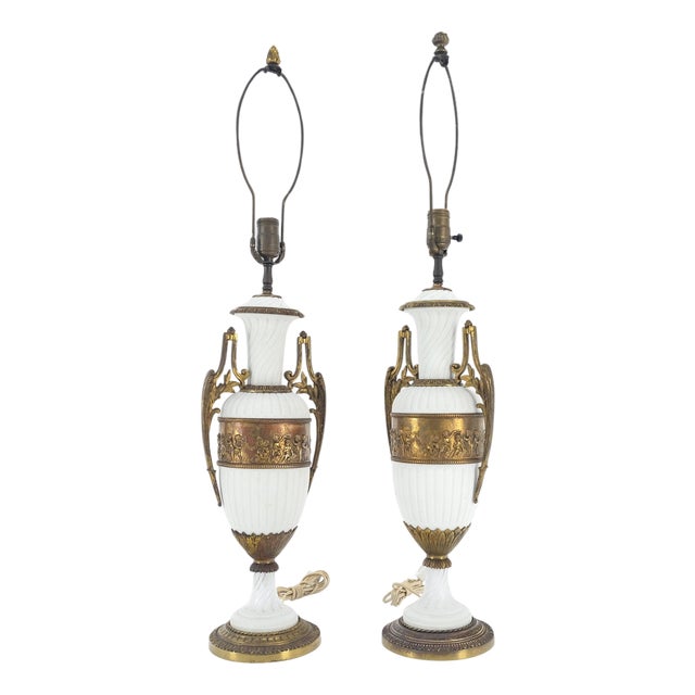 Pair of Fine Ceramic & Ormolu Cup Vase Shape Table Lamp c1940s MINT For Sale