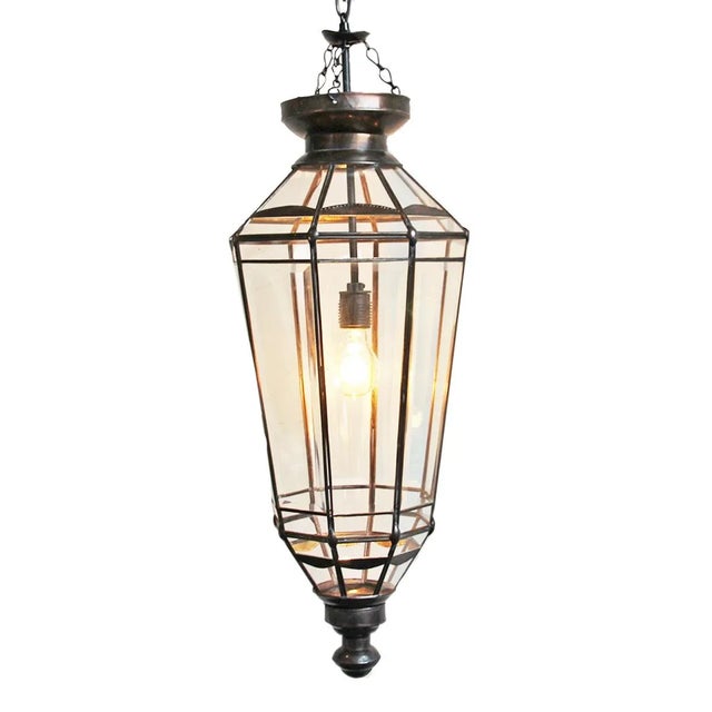 Beveled Glass & Iron Pendant Lamp For Sale