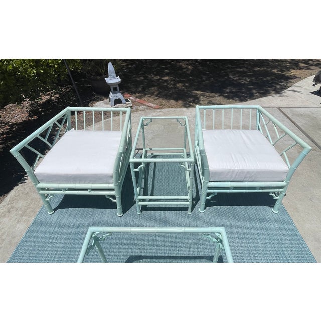 Ornamental & Decorative Materials Vintage Faux Bamboo Patio Set by Meadowcraft, Chippendale Details and Sunbrella Cushions For Sale - Image 7 of 18