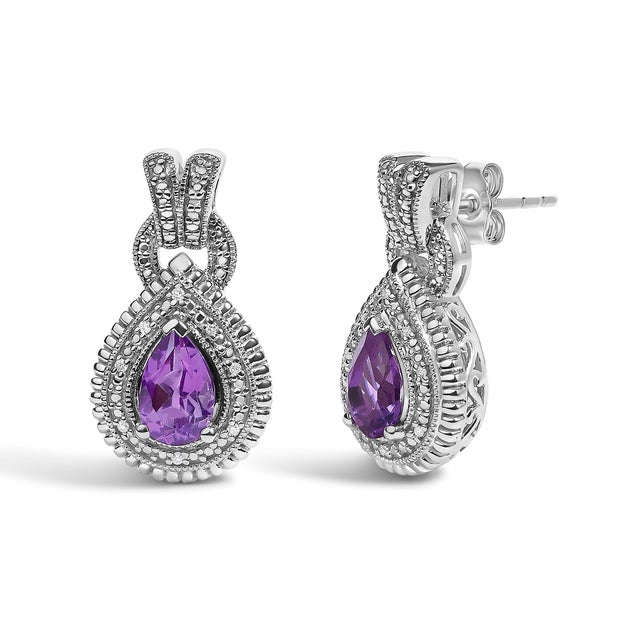Contemporary Sterling Silver Pear Cut Amethyst and Diamond Accent Teardrop Stud Earrings, Pair For Sale - Image 3 of 4